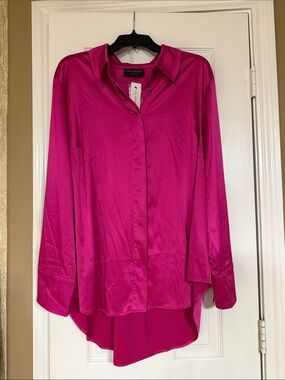 Lane Bryant Hot Pink Satin Button-Up Blouse